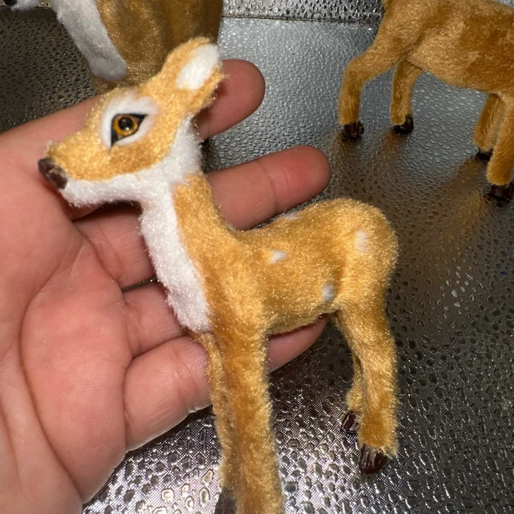 Deer buck fawn faux fur Set of 6 Brown and White Reindeer Figurines - Picture 7 of 10